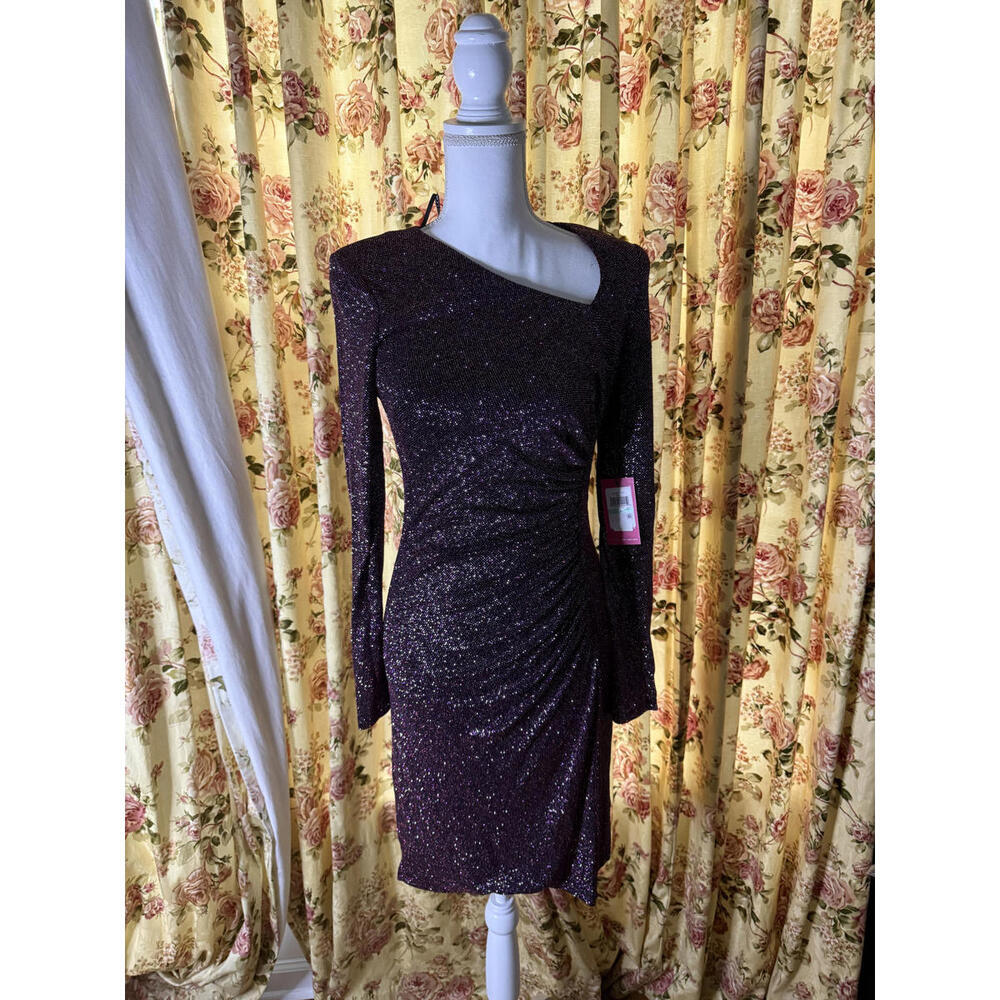Vince Camuto Size 8 Sparkly Purple/Burgundy Long Sleeve Ruched Dress